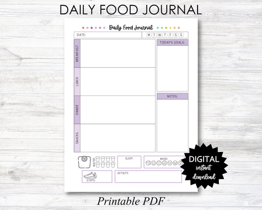 Daily Food Journal, Daily Food Journal Printable, Daily Food Journal Planner Page, Food Diary - Purple - PRINTABLE (N047_4)