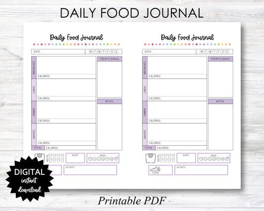 Daily Food Journal, Daily Food Journal Printable, Daily Food Journal Planner Page, Food Diary, Calorie Tracker/Purple - PRINTABLE (N047_2A)