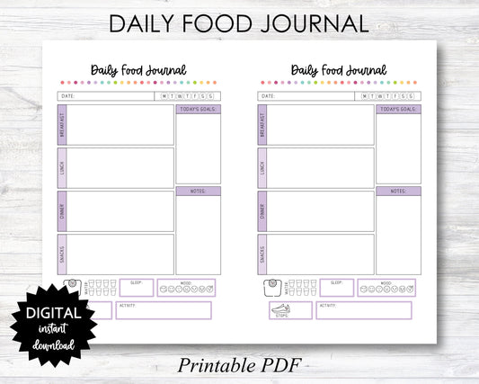 Daily Food Journal, Daily Food Journal Printable, Daily Food Journal Planner Page, Food Diary - Purple - PRINTABLE (N047_4A)