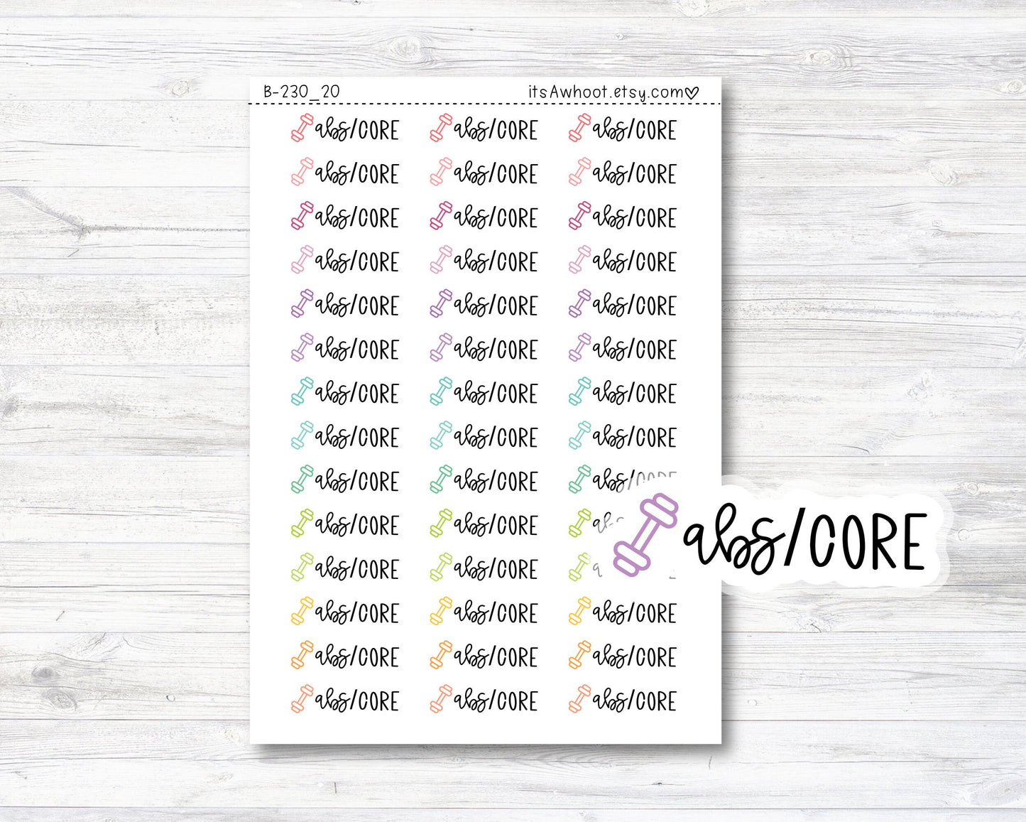 Abs/Core Script Stickers, Abs/Core Planner Stickers, Abs/Core with Dumbbell Icon Stickers (B230_20)
