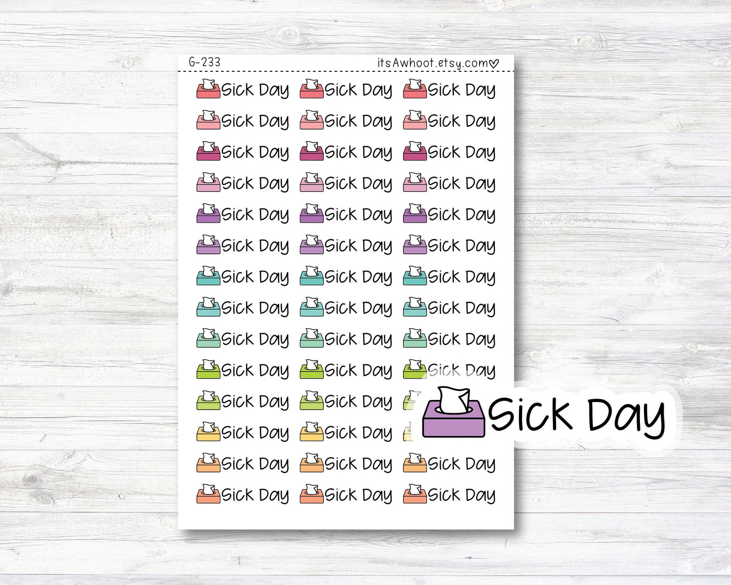 Sick Day Stickers, Sick Day with Tissue Box Icon Planner Stickers, Sick Day Script Stickers (G233)