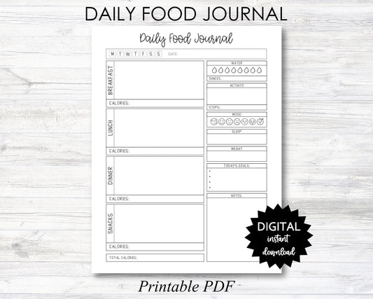 Daily Food Journal, Daily Food Journal Printable, Daily Food Journal Planner Page, Food Diary, Calorie Tracker - PRINTABLE (N047)