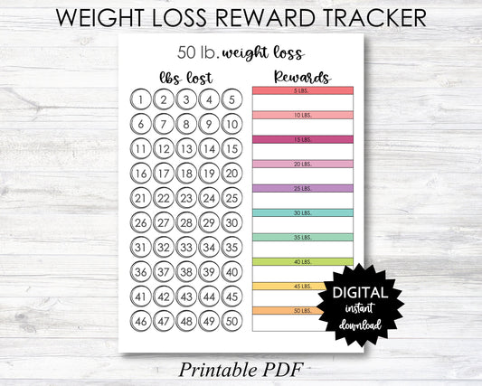 Weight Loss Reward Printable, 50 Lb Weight Loss Reward Tracker, Weight Loss Tracker Digital Download Planner Page - PRINTABLE (N050)