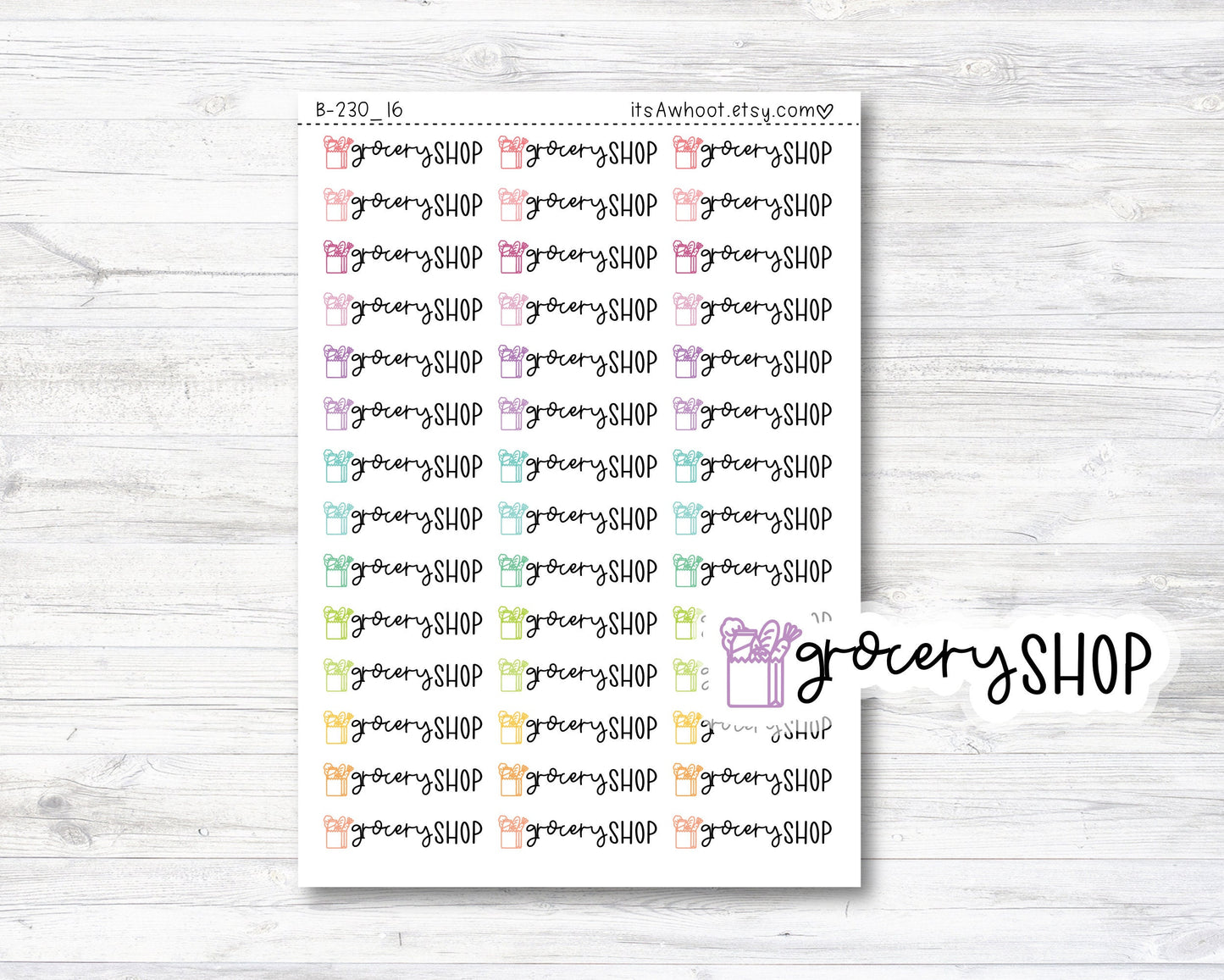 Grocery Shop Script Stickers, Grocery Shop Planner Stickers, Grocery Shop with Grocery Bag Icon Stickers (B230_16)