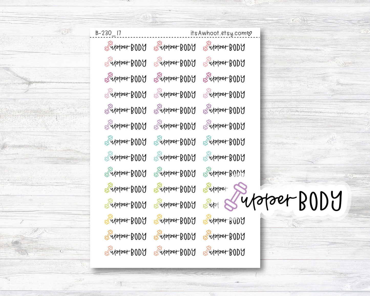 Upper Body Script Stickers, Upper Body Planner Stickers, Upper Body with Dumbbell Icon Stickers (B230_17)