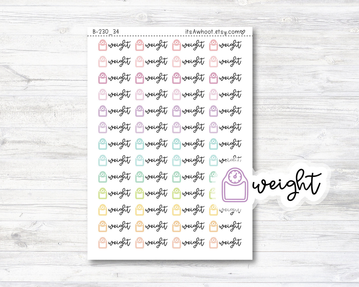 Weight Script Stickers, Weight Planner Stickers, Weight with Scale Icon Stickers (B230_34)