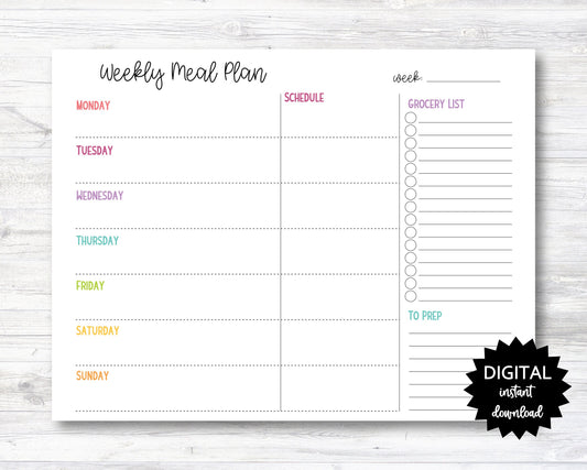 Weekly Meal Plan Printable, Meal Plan Printable with Grocery List, Meal Plan Digital Download - Sunday &/or Monday Start - PRINTABLE (N049)