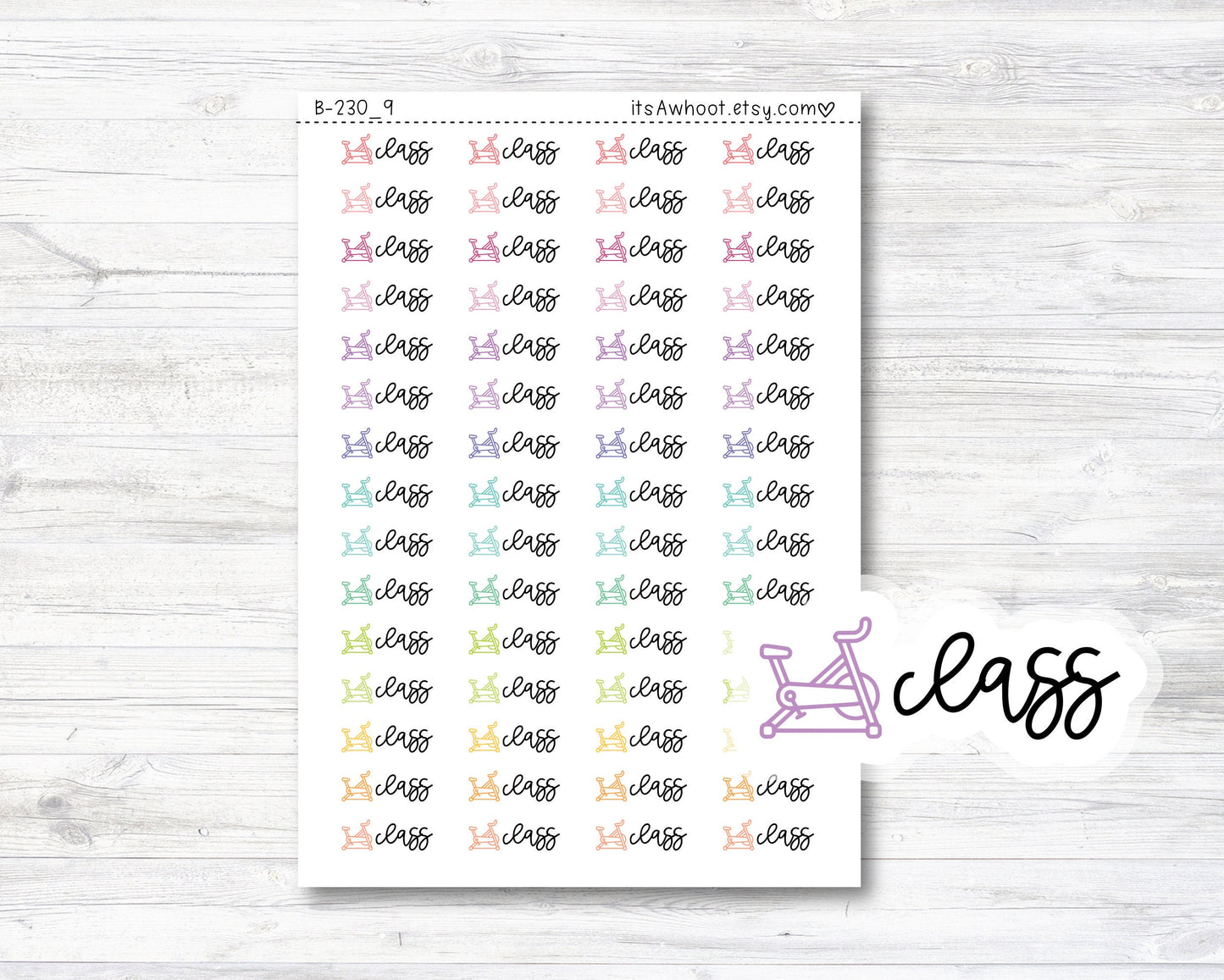 Spin Class Script Stickers, Spin Class Planner Stickers, Class with Spin Bike Icon Stickers (B230_9)