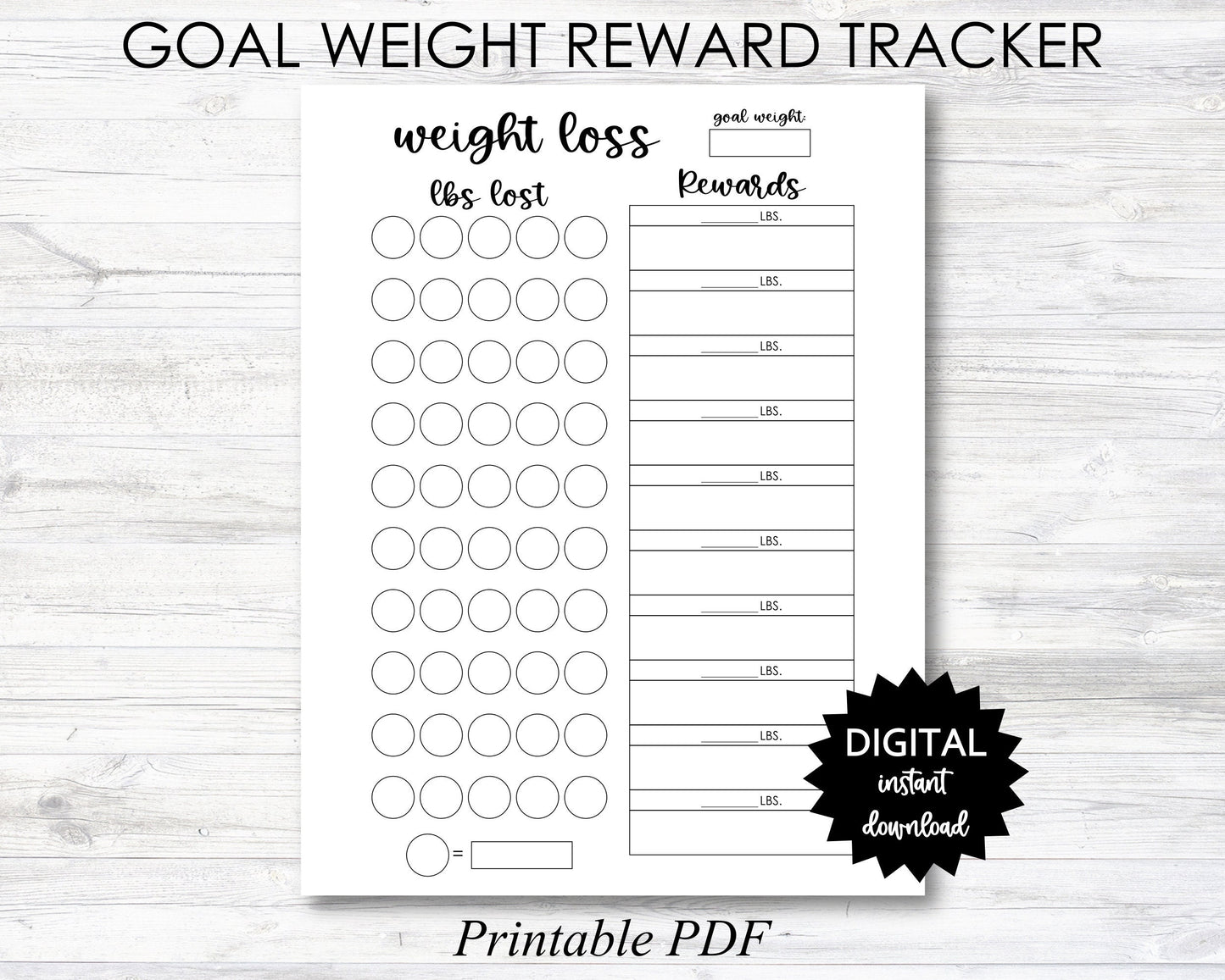 Goal Weight Reward Printable, Weight Loss Reward Tracker, Weight Loss Tracker Digital Download Planner Page - PRINTABLE (N050_2)