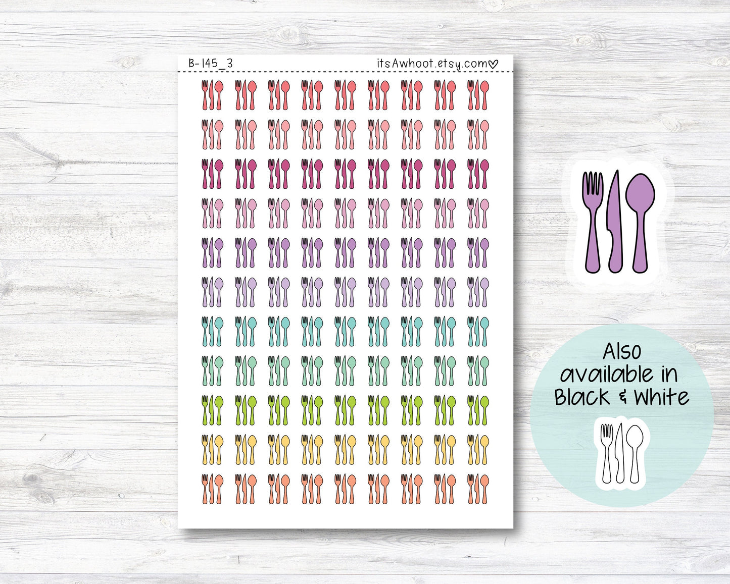 Utensils Planner Stickers, Fork Knife Spoon Stickers, Doodle Utensils Stickers (B145_3)