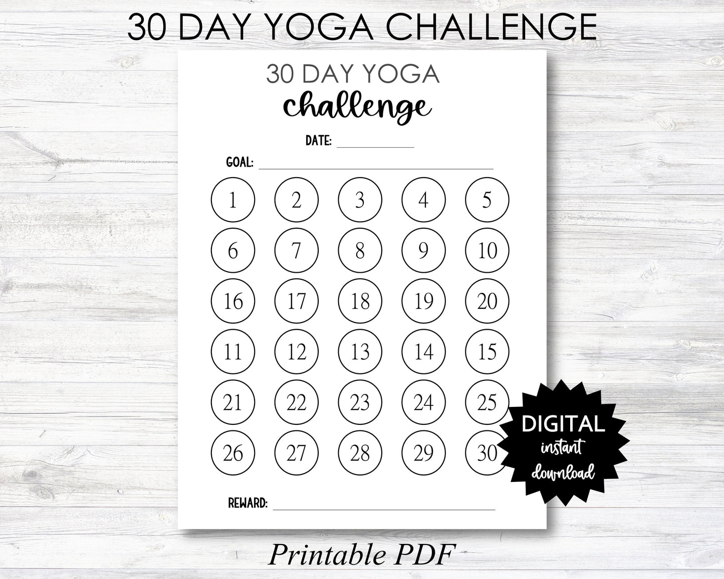 30 Day Yoga Challenge Printable, Challenge Tracker, 30 Day Challenge Digital Download Planner Page - PRINTABLE (N014_4)