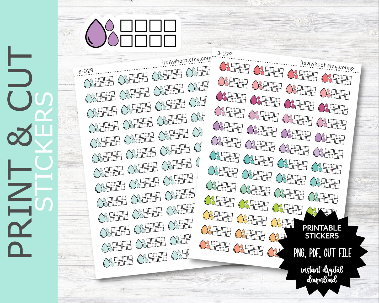 Water Tracker PRINT & CUT Planner Stickers (B029PC)