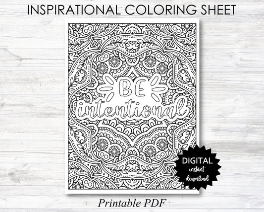 Be Intentional Printable,  Be Intentional Coloring Sheet, Inspirational Coloring Page - PRINTABLE (O006)