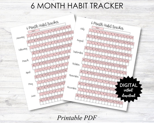6 Month Habit Tracker Printable, Daily Habit Tracker, Month Habit Tracker - Jan-Jun & Jul-Dec - PRINTABLE (N024_2)