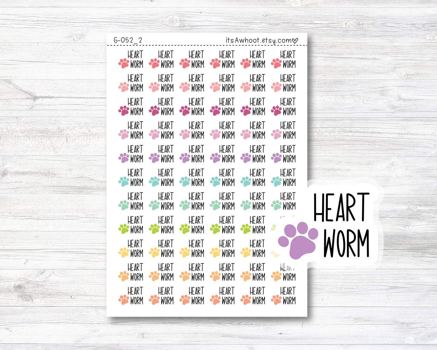 Heart Worm Script Planner Stickers - Rainbow Color Paw Print (G052_2)