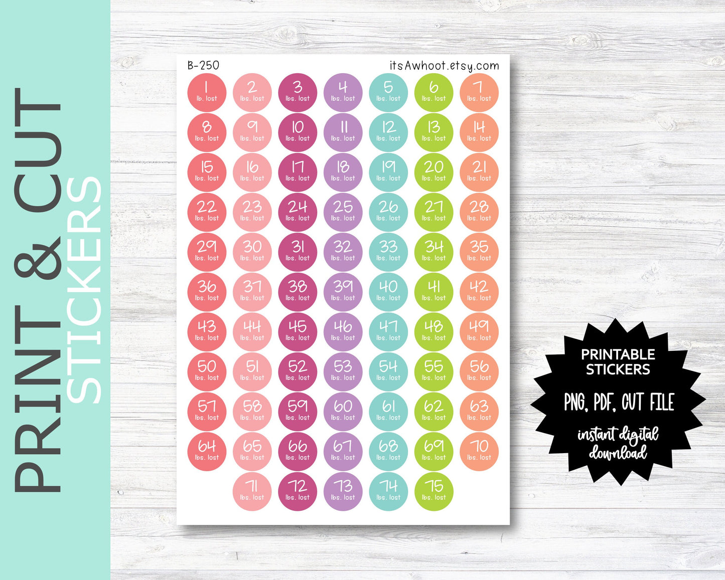 Weight Loss Milestone Stickers PRINT & CUT Planner Stickers, Lbs. Lost Stickers, Pounds Lost Stickers - 1-75 Lbs Lost - Small .5" (B250PC)