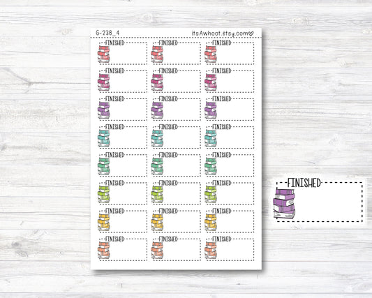 FINISHED with Book icon Box Label Planner Stickers - LARGE .8" (G238_4)