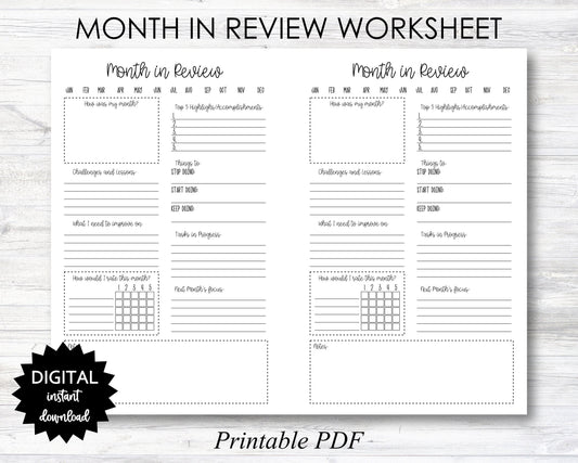MONTH in Review Worksheet, Month in Review Worksheet Printable, Month in Review Worksheet Planner Page - PRINTABLE (N051_2)