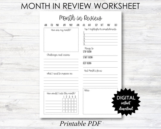 MONTH in Review Worksheet, Month in Review Worksheet Printable, Month in Review Worksheet Planner Page - PRINTABLE (N051)