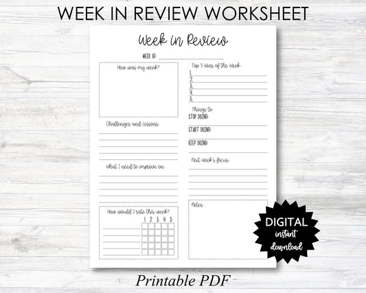 WEEK in Review Worksheet, Week in Review Worksheet Printable, Week in Review Worksheet Planner Page - PRINTABLE (N052)