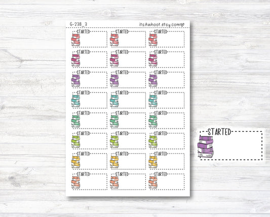 STARTED with Book icon Box Label Planner Stickers - LARGE .8" (G238_3)