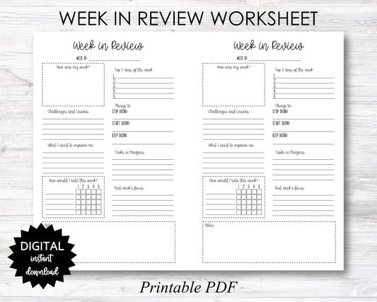 WEEK in Review Worksheet, Week in Review Worksheet Printable, Week in Review Worksheet Planner Page - PRINTABLE (N052_2)