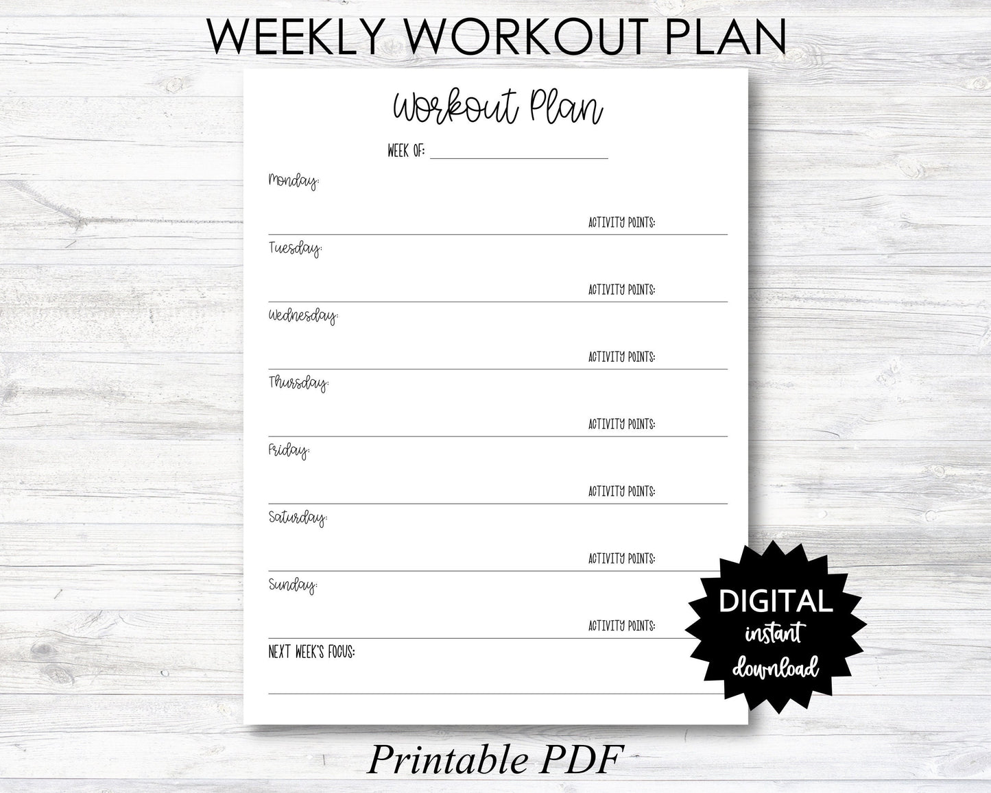 Weekly Workout Plan Printable, Weekly Workout Plan Planner Page - With Activity Points - PRINTABLE (N054)