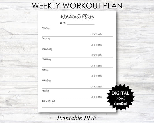 Weekly Workout Plan Printable, Weekly Workout Plan Planner Page - With Activity Points - PRINTABLE (N054)