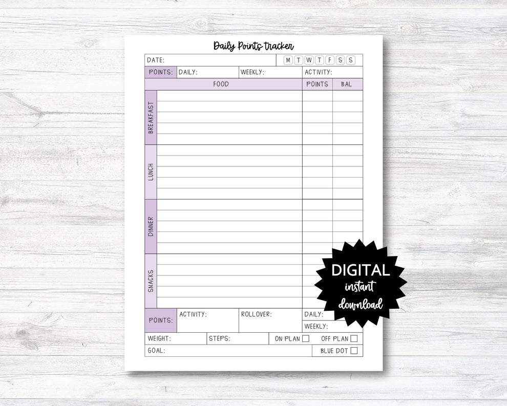 Daily Points Tracker, Daily Points Tracking Printable, Point Tracker P ...