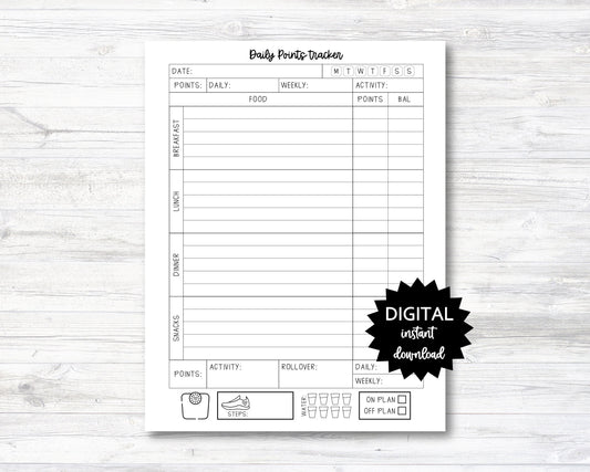 Daily Points Tracker, Daily Points Tracking Printable, Point Tracker Planner Page - Black & White - PRINTABLE (N004_8)