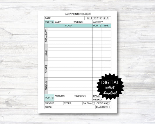 Daily Points Tracker, Daily Points Tracking Printable, Point Tracker Planner Page - PRINTABLE (N004_6)