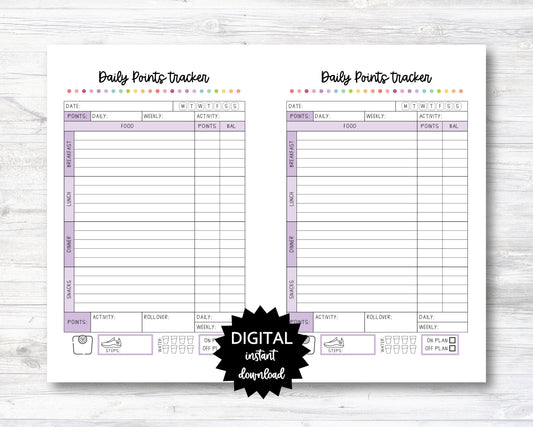 Daily Points Tracker, Point Tracker Planner Page - Half Sheet - PRINTABLE (N004_9)