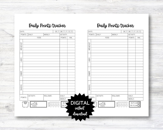 Daily Points Tracker, Point Tracker Planner Page - Half Sheet - Black & White - PRINTABLE (N004_9)