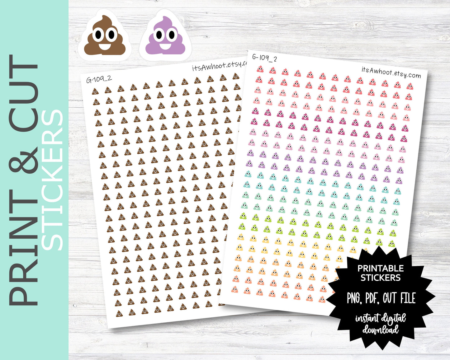 Poop Icon Sticker, Poop Planner Sticker - Mini .25" Tall PRINT & CUT Planner Stickers (G109_2PC)