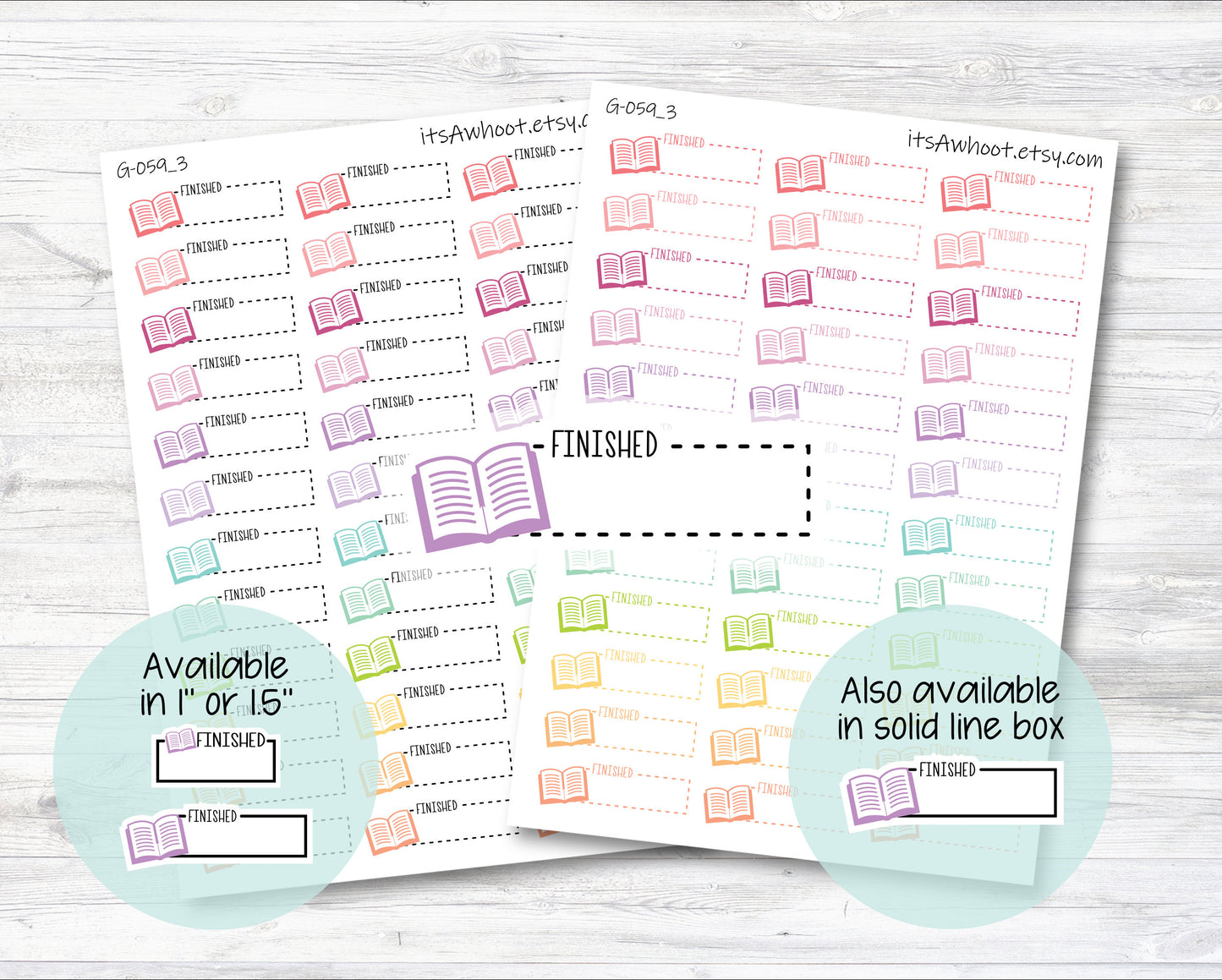 FINISHED with Book icon Quarter Box Label Planner Stickers - Dash or Solid / One Inch or 1.5" Inch (G059_3)