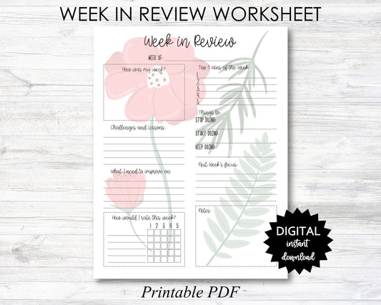 WEEK in Review Worksheet, Week in Review Worksheet Printable, Week in Review Worksheet Planner Page - PRINTABLE (N052-Floral)