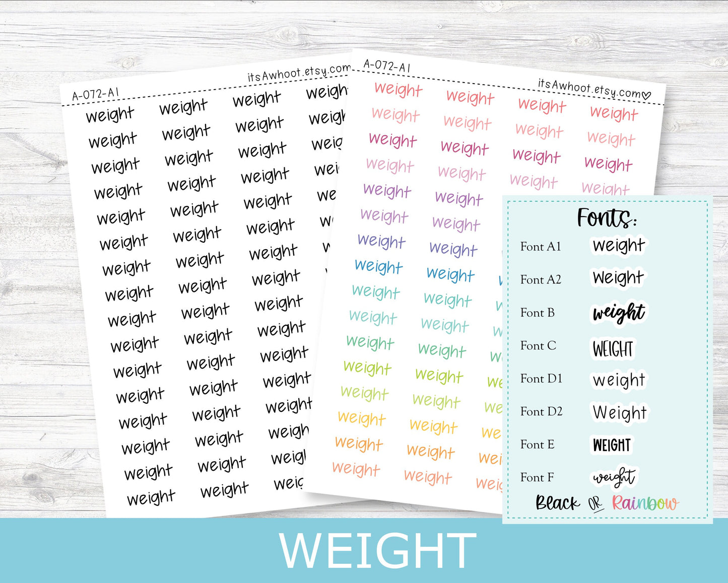 WEIGHT Script Planner Stickers - Multiple Fonts/Colors Available (A072)