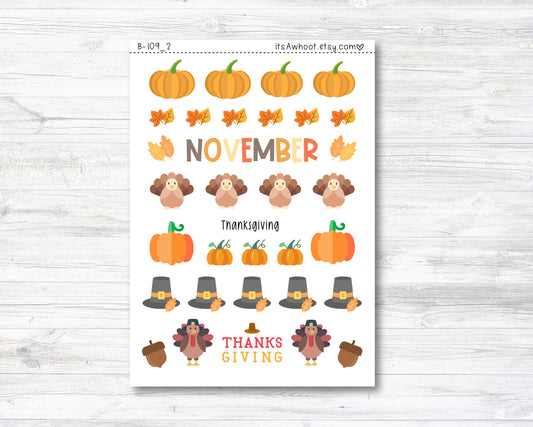 November Thanksgiving Fall Stickers, November Planner Clipart, Thanksgiving Clipart (B109_2)