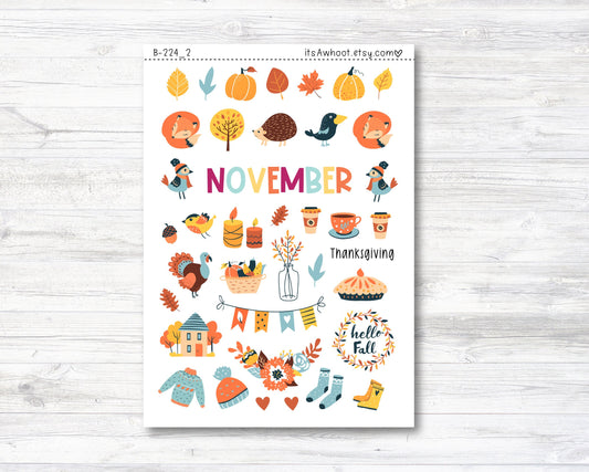 November / Fall / Thanksgiving Stickers, November Clipart Planner Stickers (B224_2-November2)