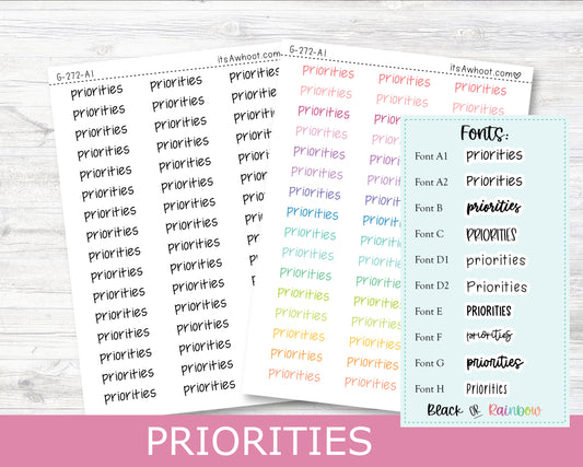 PRIORITIES Script Planner Stickers - Multiple Fonts/Colors Available (G272)