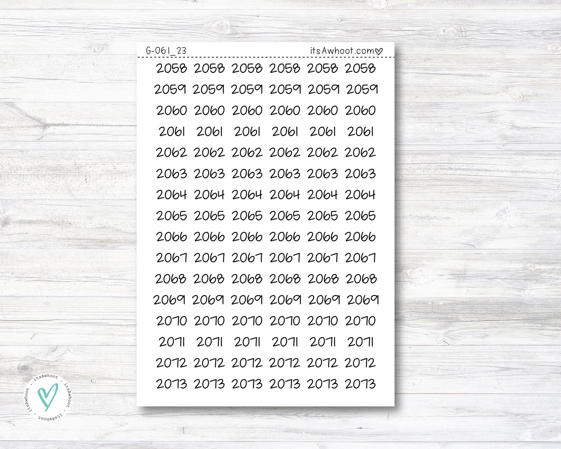 Year Script Planner Stickers - 2058 - 2073 Stickers - SMALL (G061_23)