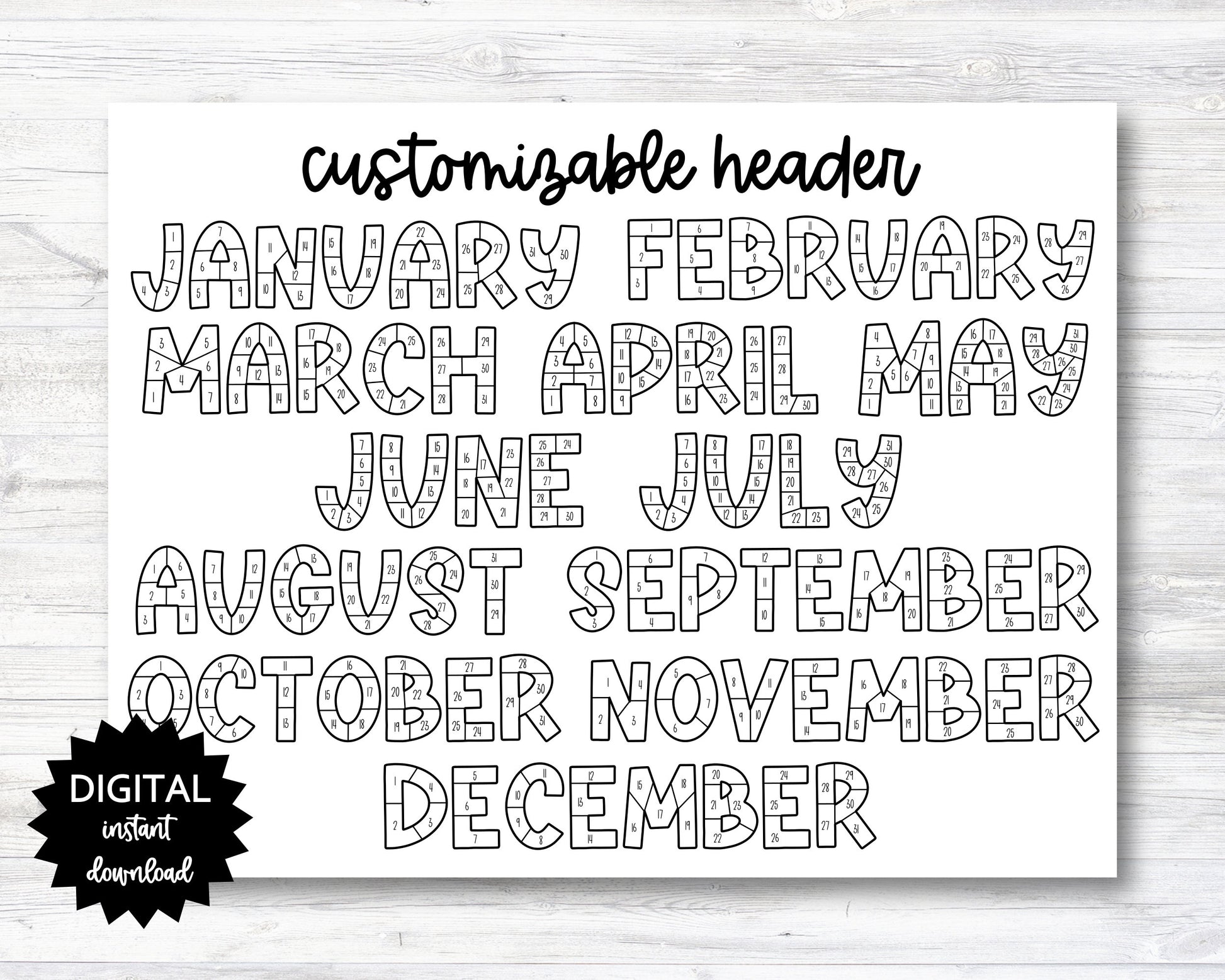 Customizable Header Yearly Habit Tracker, Printable, Digital PDF 8.5" x 11" - Unlimited Print (N057)