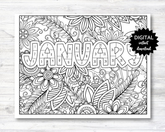 January Habit Tracker Coloring Sheet Printable, Month Habit Tracker Coloring Sheet, January Coloring Sheet - PRINTABLE (O013Jan)