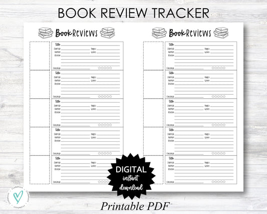 Book Review Printable, Book Tracker - Half Sheet - PRINTABLE (N058_2)