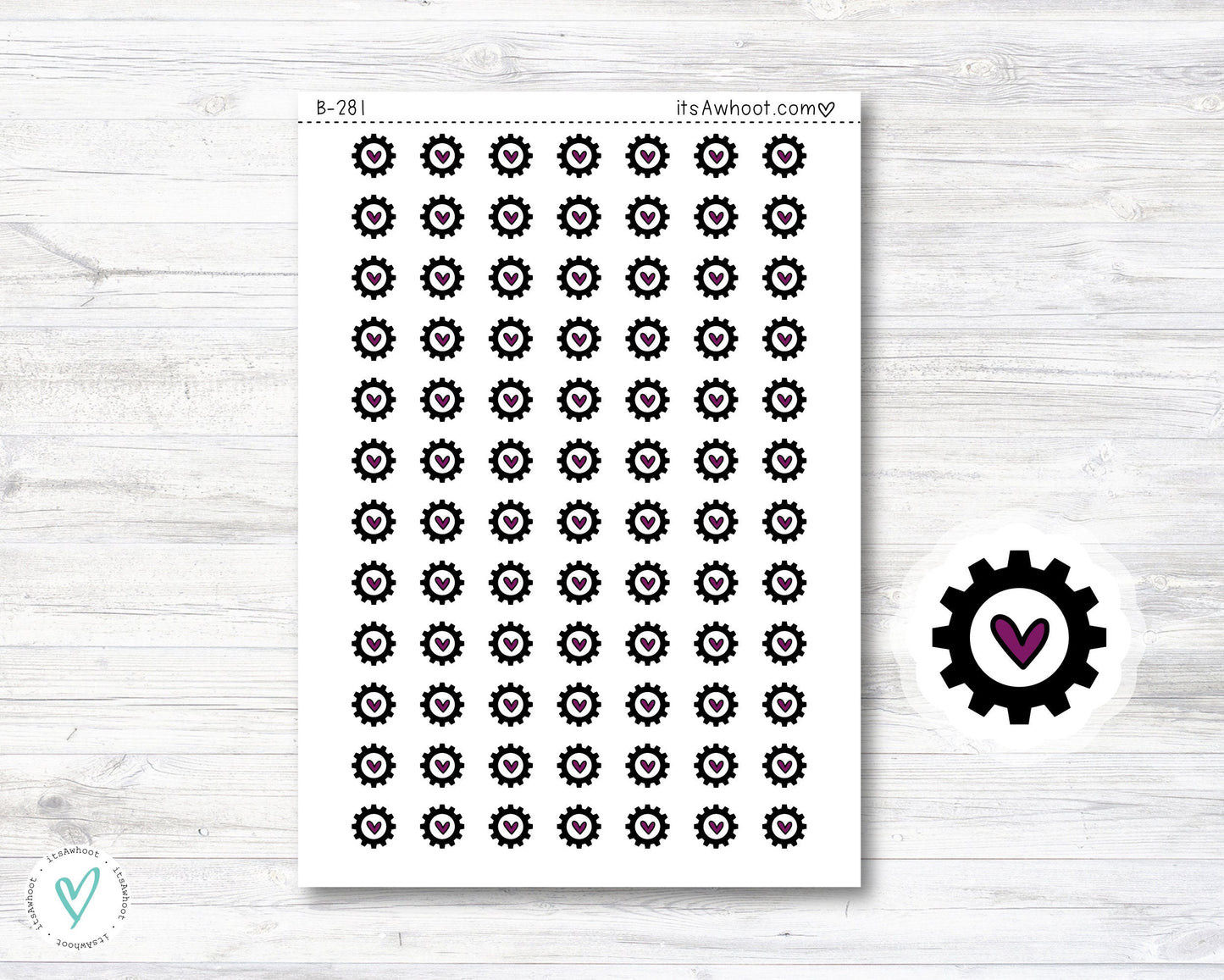 Gear Icon Stickers, Gear with Purple Heart Planner Stickers (B281)