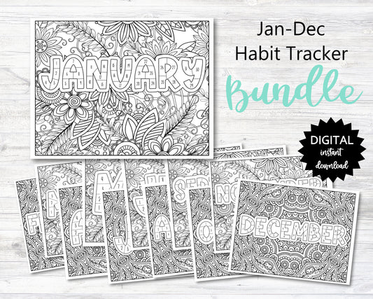 January - December Habit Tracker Coloring Sheets Printable Bundle, Month Habit Tracker Coloring Sheets - PRINTABLE (O013-Bundle)