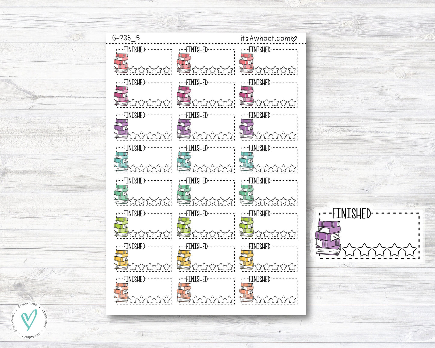 FINISHED with Star Rating & Book icon Box Label Planner Stickers - LARGE .8" (G238_5)