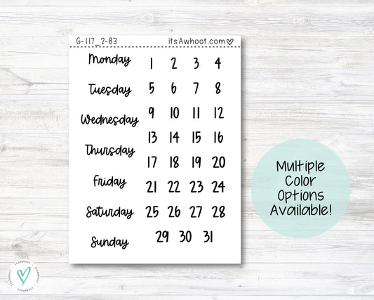 Days of the Week and Date Dots Planner Stickers (G117_2)
