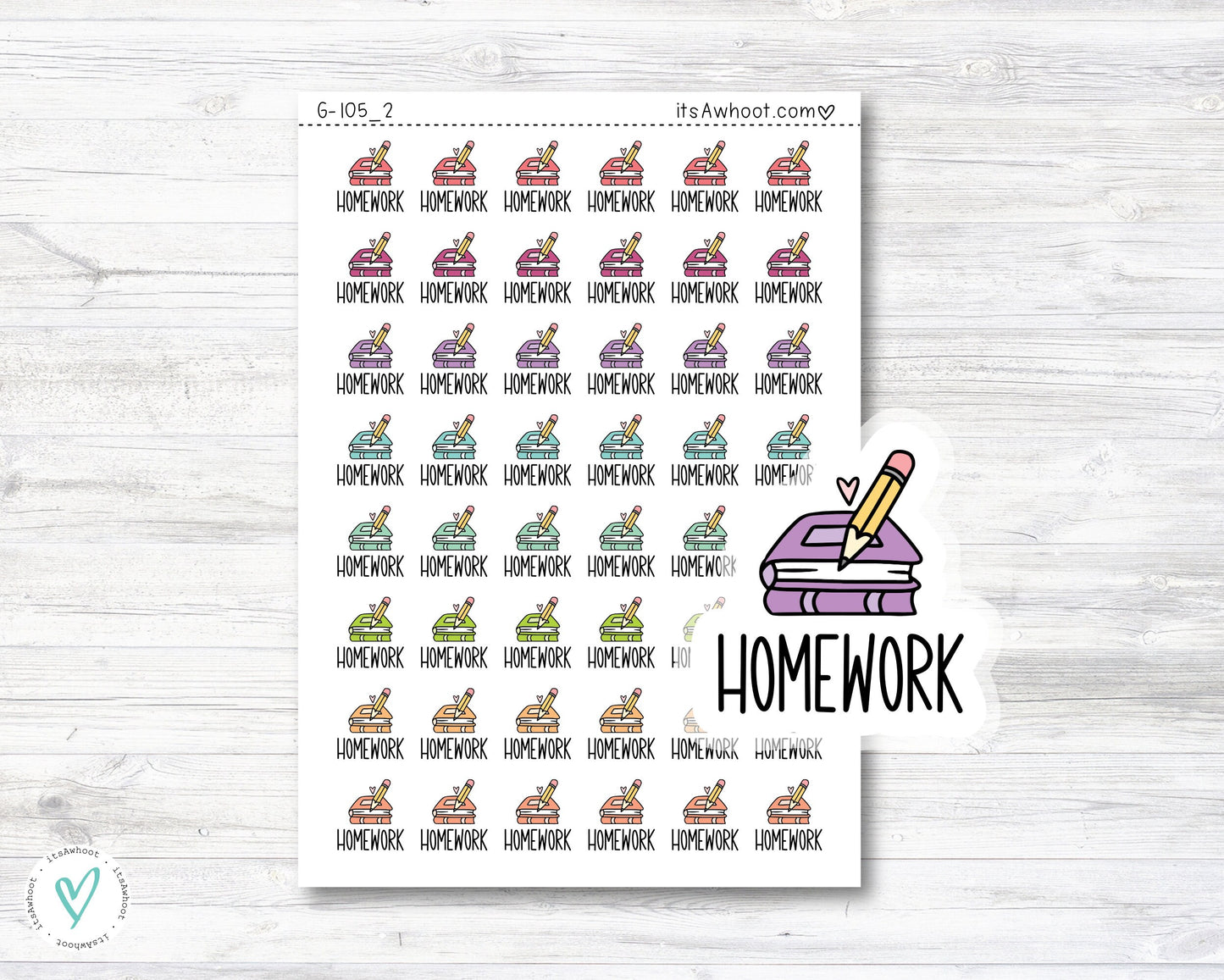 Homework Icon Stickers, Homework Doodle Planner Stickers (G105_2)