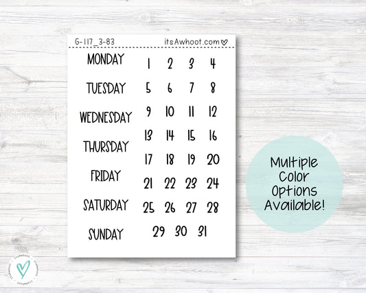 Days of the Week and Date Dots Planner Stickers (G117_3)